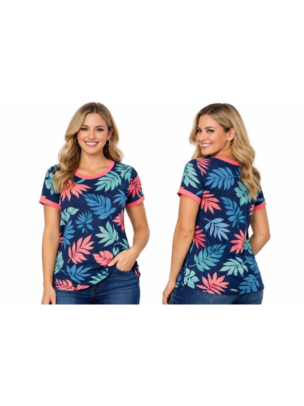 LuLaRoe Shirt Women's M Navy Blue Tropical Leaf Ringer Tee High Low Hem Classic